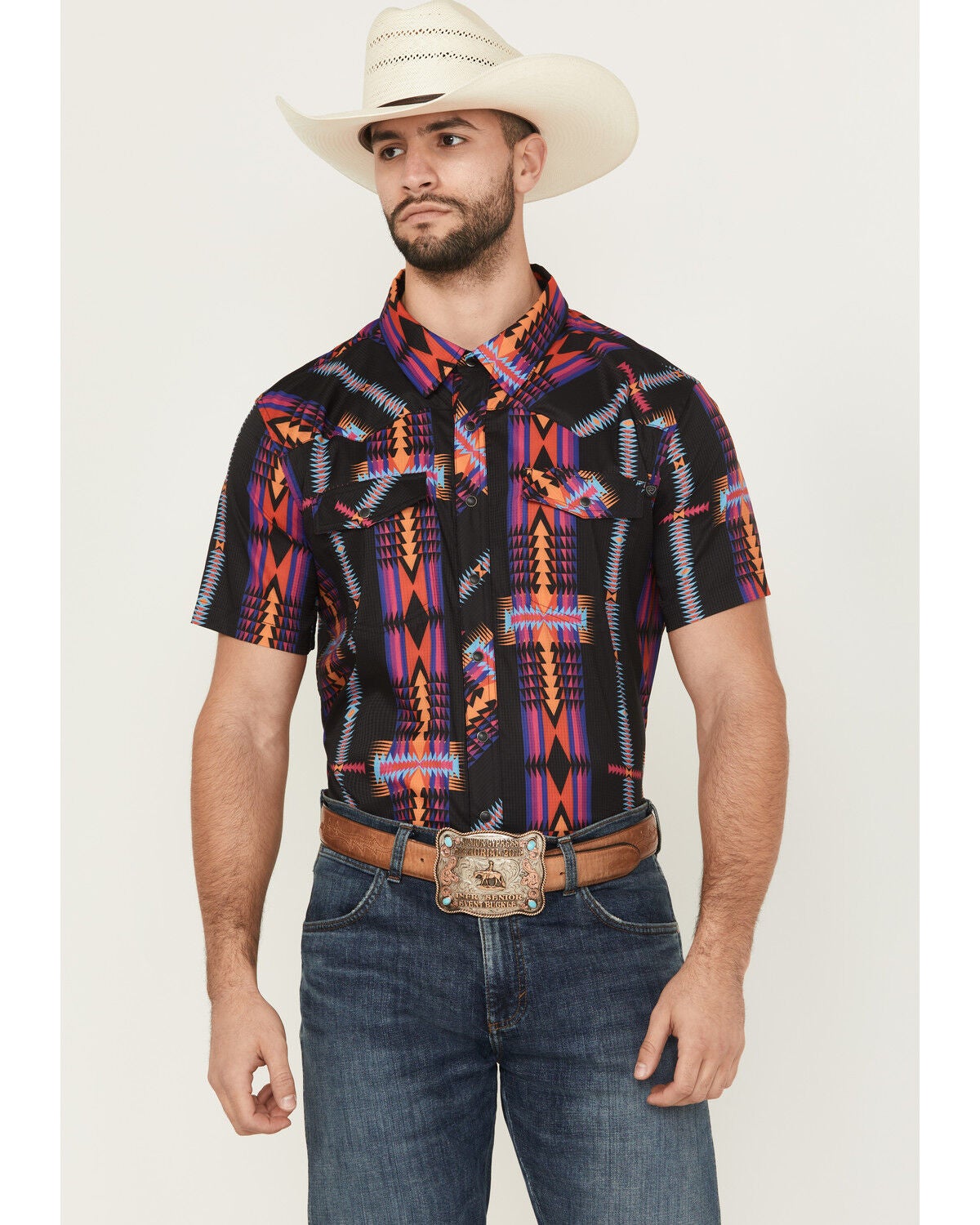 Rock & Roll Denim Men's Boot Barn Exclusive TEK Southwestern Striped Short Sleeve Snap Shirt, Black, hi-res