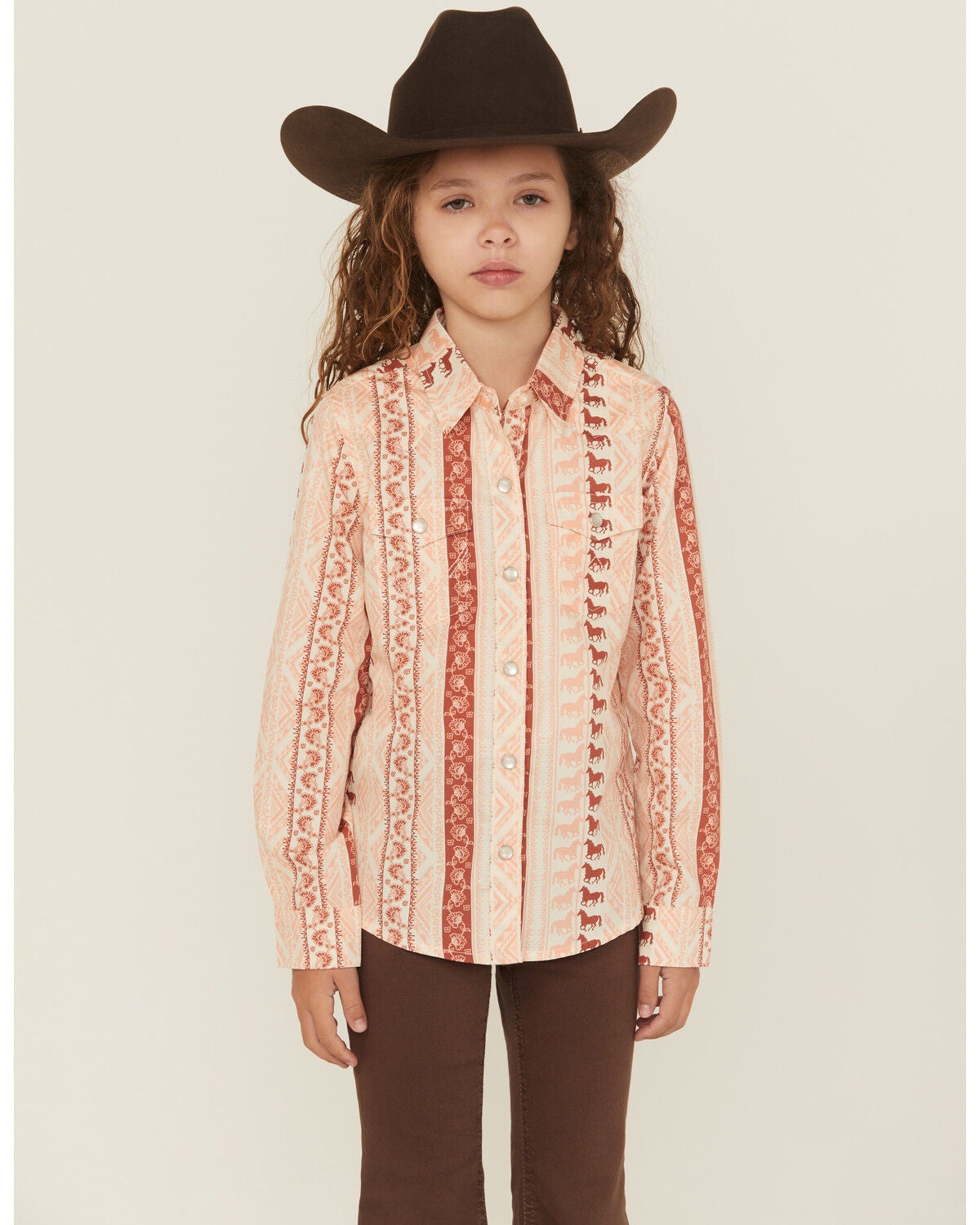 Wrangler Girls' Horse Striped Print Long Sleeve Snap Western Shirt, Pink, hi-res