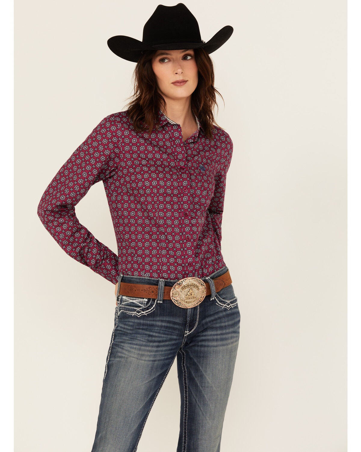 Cinch Women's Geo Print Long Sleeve Button-Down Western Shirt, Burgundy, hi-res