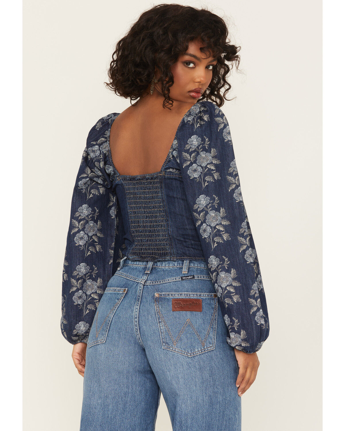 Image #4 - Wrangler Retro Women's Floral Tapestry Sleeve Denim Blouse, Dark Wash, hi-res
