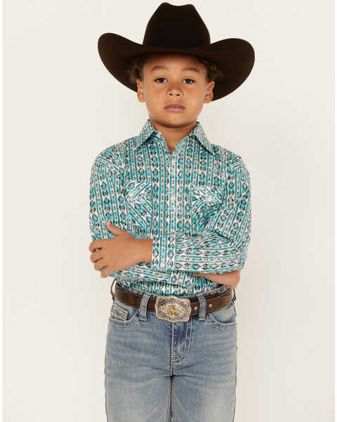 Rough Stock by Panhandle Boys' Vertical Striped Long Sleeve Pearl Snap Western Shirt, Turquoise, hi-res