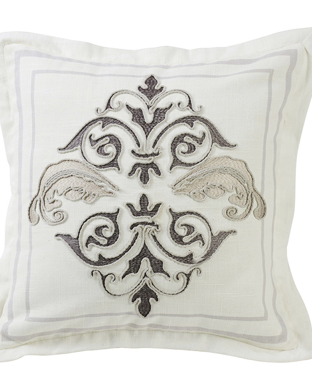 HiEnd Accents Charlotte Square Flanged and Outlined Embroidered Pillow, Cream, hi-res