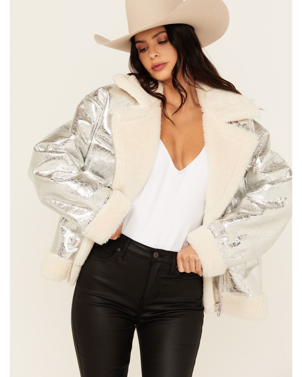 BLANKNYC Women's Metallic Moto Jacket, Silver, hi-res
