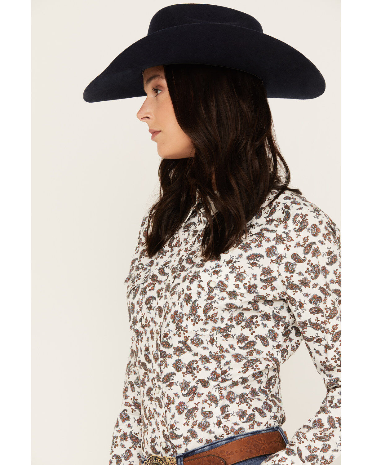 Image #2 - Wrangler Women's Paisley Long Sleeve Western Pearl Snap Shirt, Blue/white, hi-res