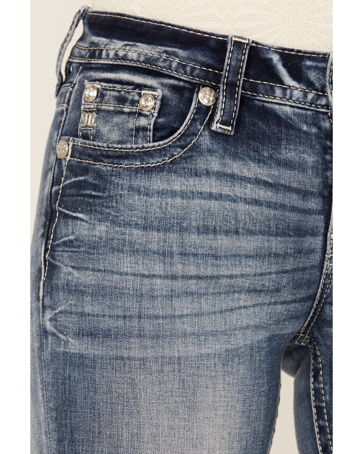 Image #4 - Miss Me Women's Medium Wash Mid Rise Angel Wing 34" Bootcut Stretch Denim Jeans, , hi-res