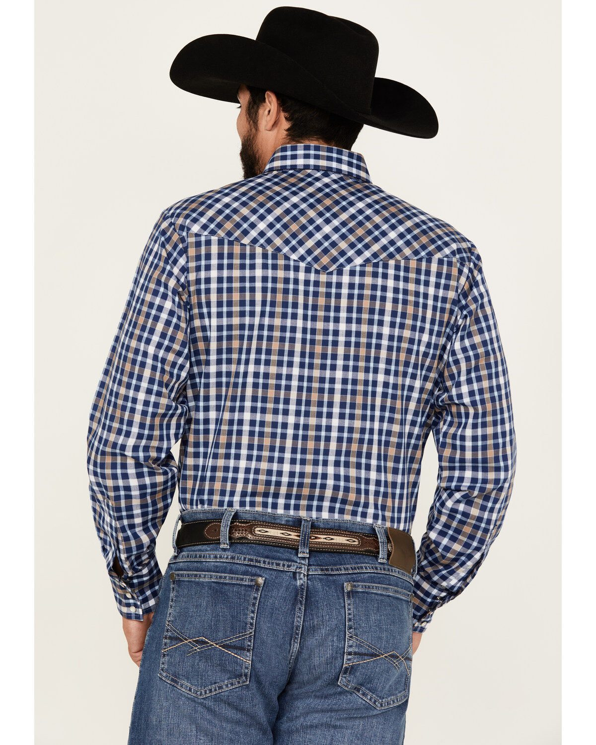 Image #4 - Ely Walker Men's Plaid Print Long Sleeve Pearl Snap Western Shirt, Navy, hi-res