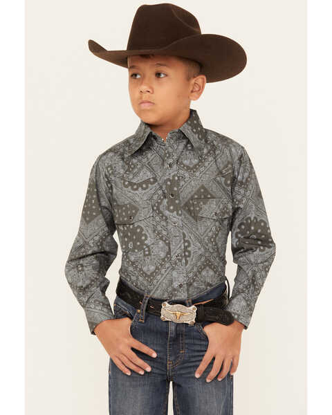 Cowboy Hardware Boys' Bandana Print Long Sleeve Pearl Snap Western Shirt , Charcoal, hi-res