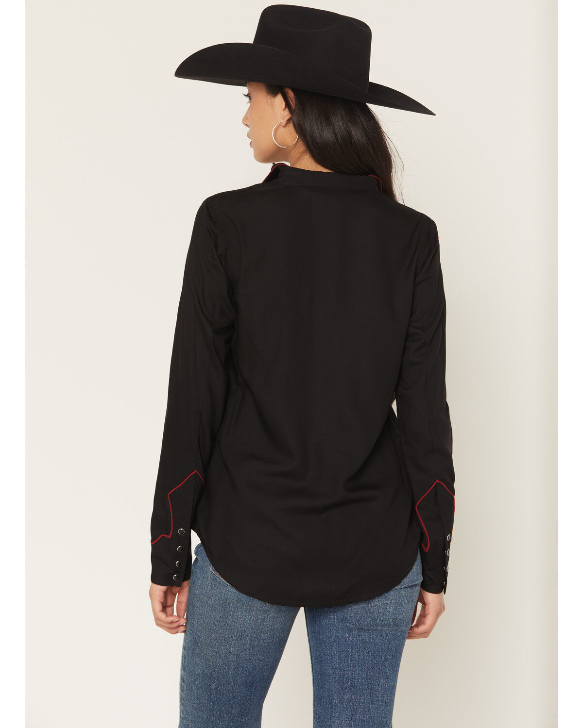 Image #4 - Rock & Roll Denim Women's Floral Embroidered Retro Snap Western Shirt, Black, hi-res