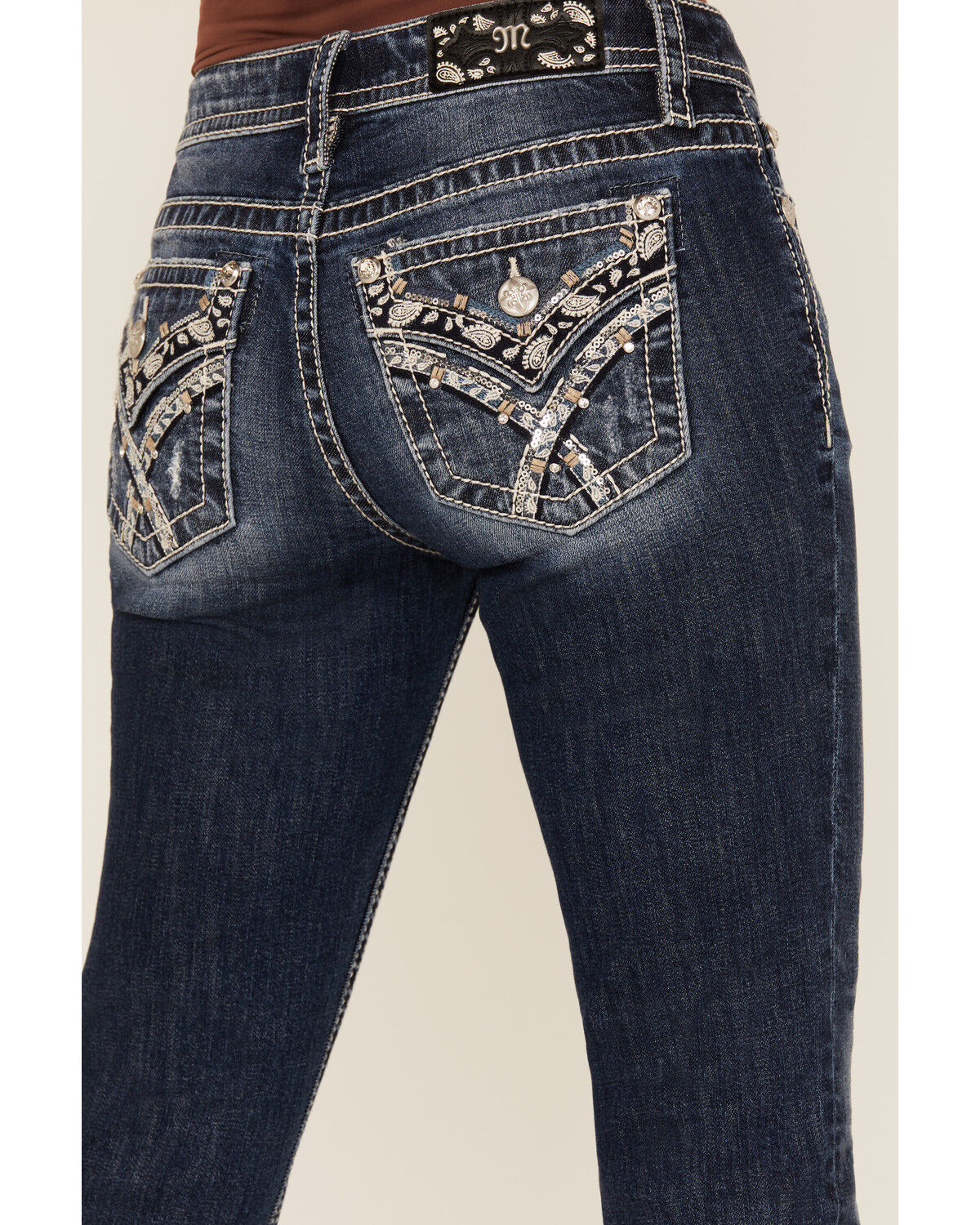 Image #2 - Miss Me Women's Dark Wash Mid Rise Paisley Pocket 32" Bootcut Stretch Denim Jeans, Dark Wash, hi-res