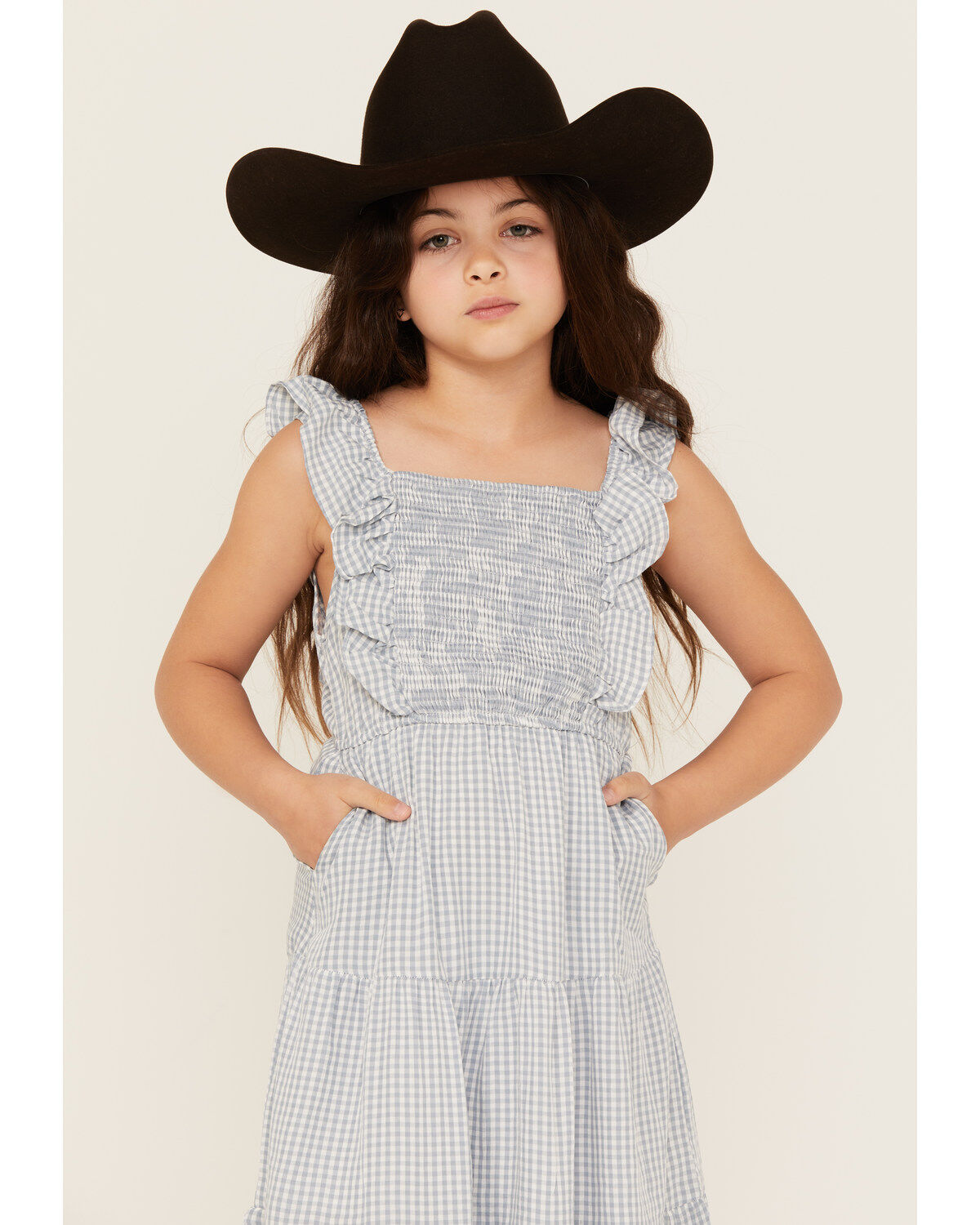 Image #2 - Hayden LA Girls' Gingham Print Puff Sleeve Midi Dress, Blue, hi-res