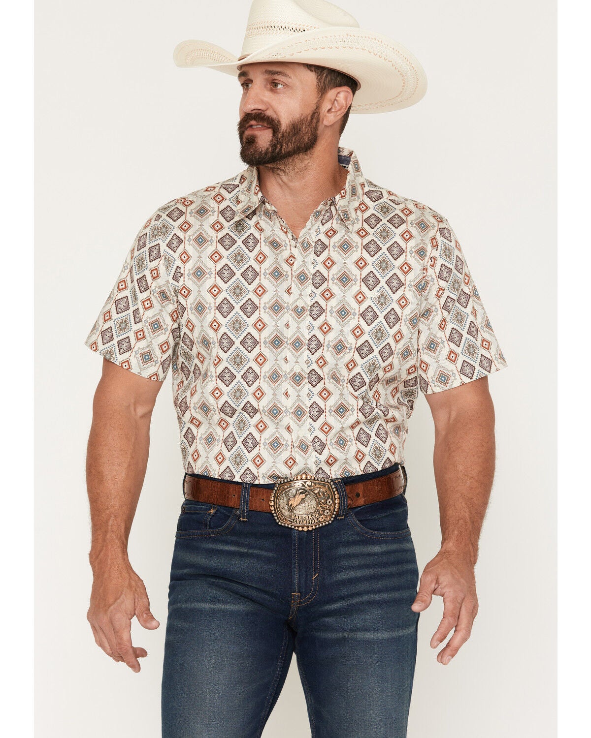 RANK 45&reg; Men's Amarillo Geo Print Short Sleeve Button-Down Stretch Western Shirt, Cream, hi-res