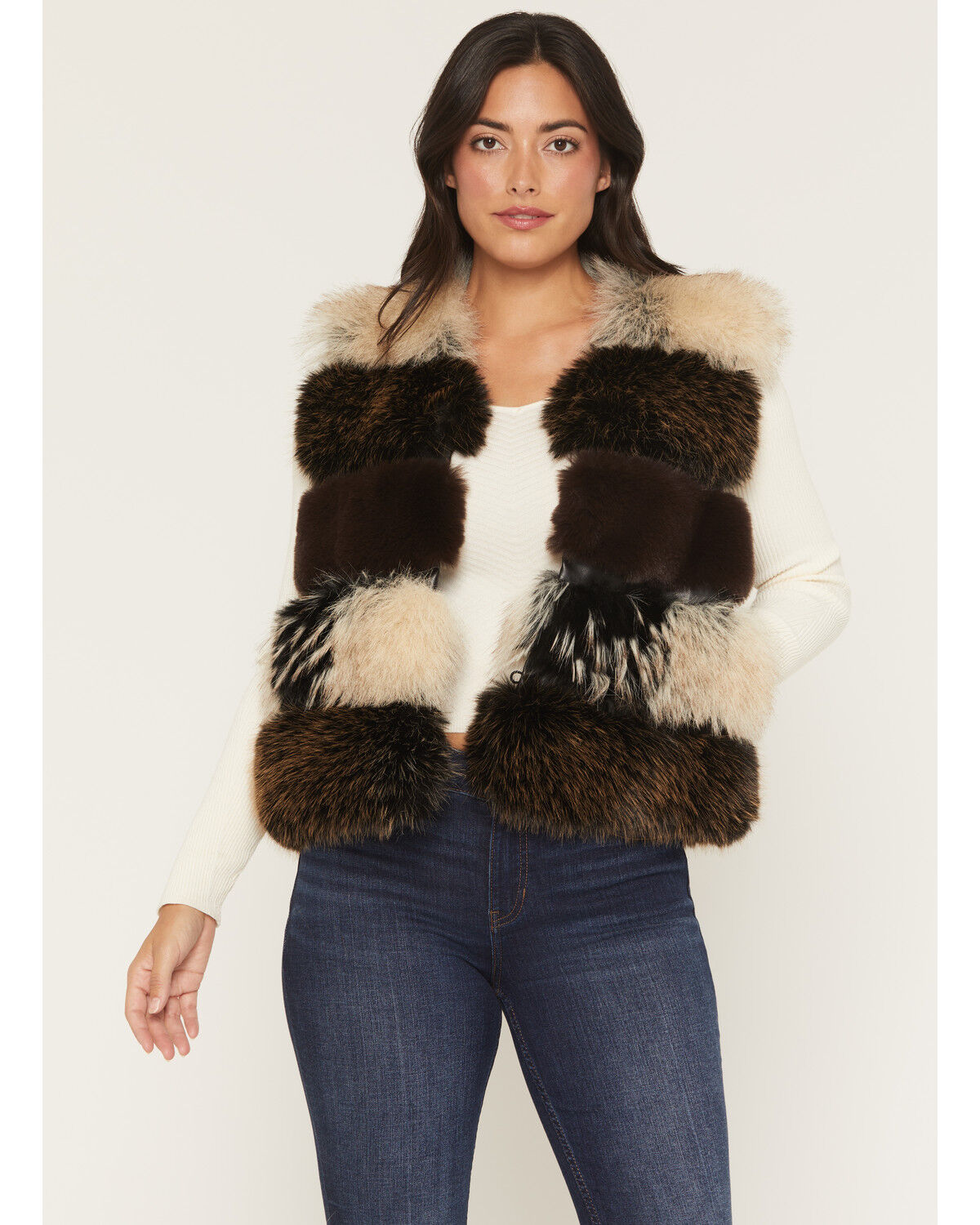 Azalea Wang Women's Faux Fur Striped Vest, Brown, hi-res
