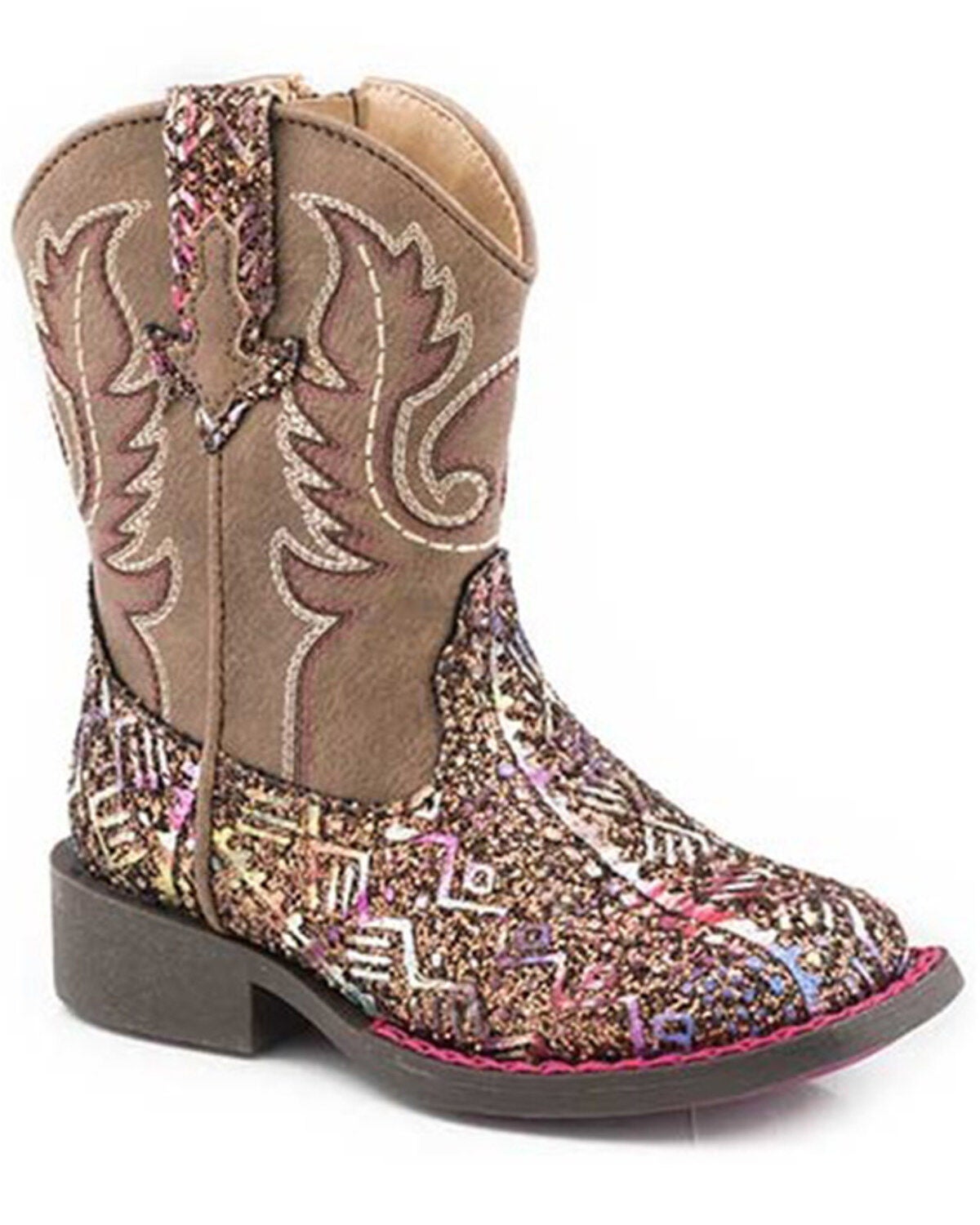 Roper Toddler Girls' Glitter Southwestern Western Boots - Square Toe, Brown, hi-res