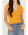 Image #3 - Shyanne Women's V Neck Short Sleeve Stretch Knit Top, Gold, hi-res