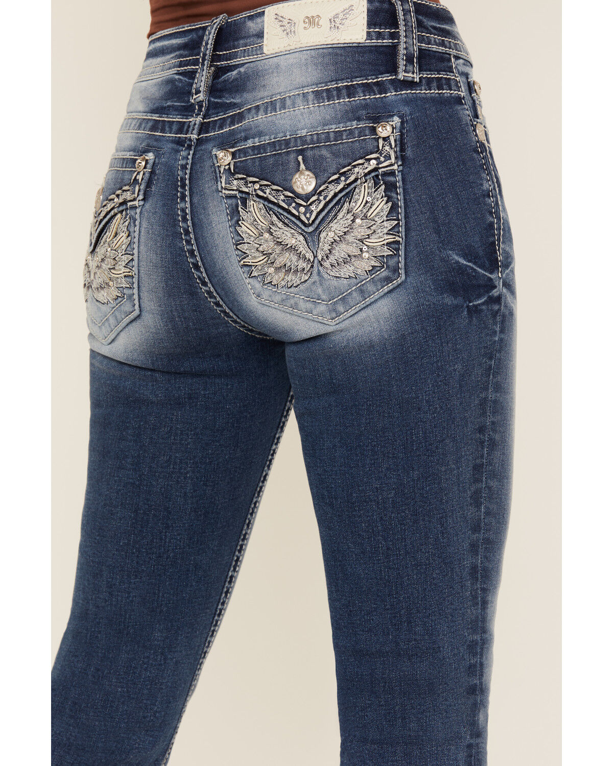 Image #2 - Miss Me Women's Medium Wash Mid Rise Winged Pocket 32" Bootcut Stretch Denim Jeans, Medium Wash, hi-res
