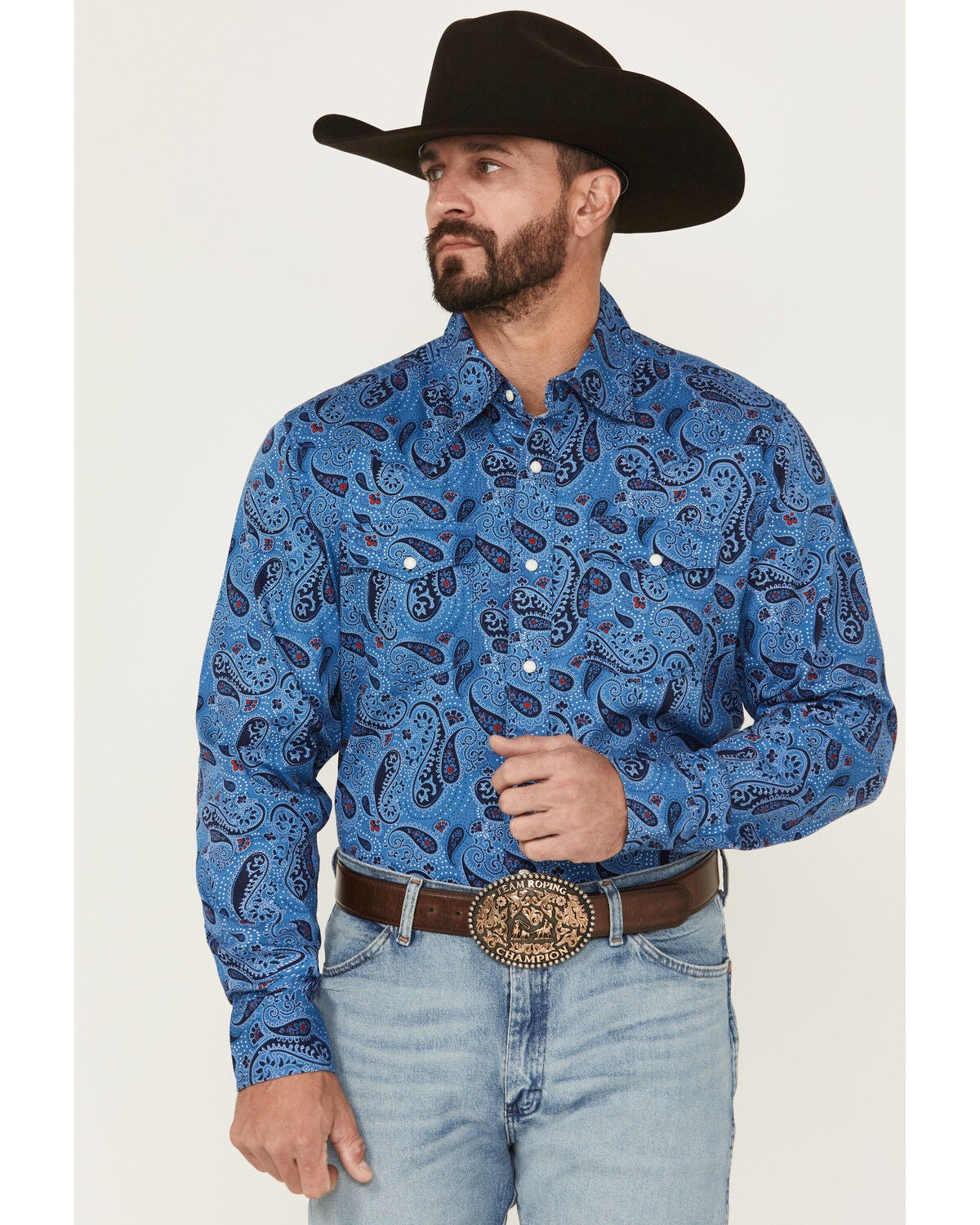 Wrangler Retro Men's Paisley Print Long Sleeve Snap Western Shirt, Navy, hi-res