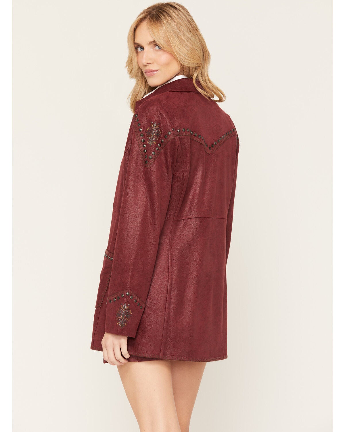 Image #4 - Shyanne Women's Faux Suede Metallic Embroidered Studded Jacket, Maroon, hi-res