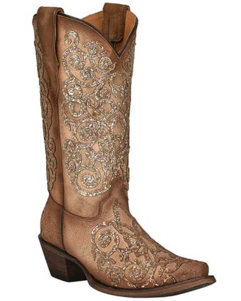Corral Girls' Glitter Embroidery Leather Western Boot - Snip Toe, Tan, hi-res