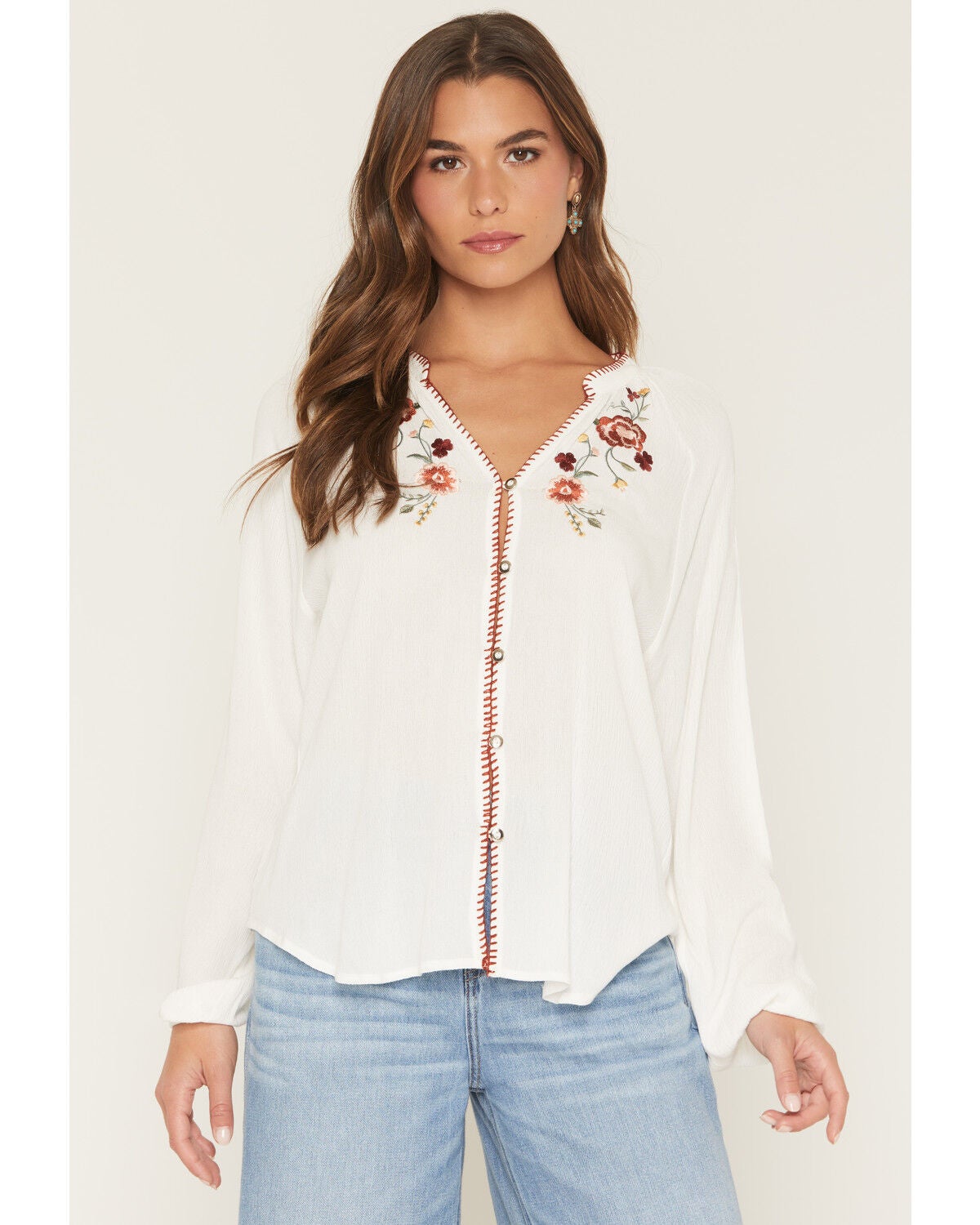 Wild Moss Women's Long Sleeve Whip Stitch and Embroidered Peasant Top, Ivory, hi-res