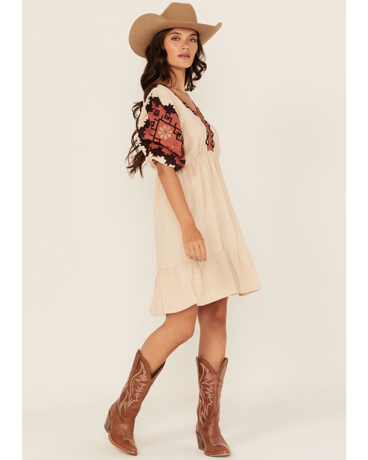 Shyanne Women's Embroidered Quarter Sleeve Mini Dress, Tan, hi-res