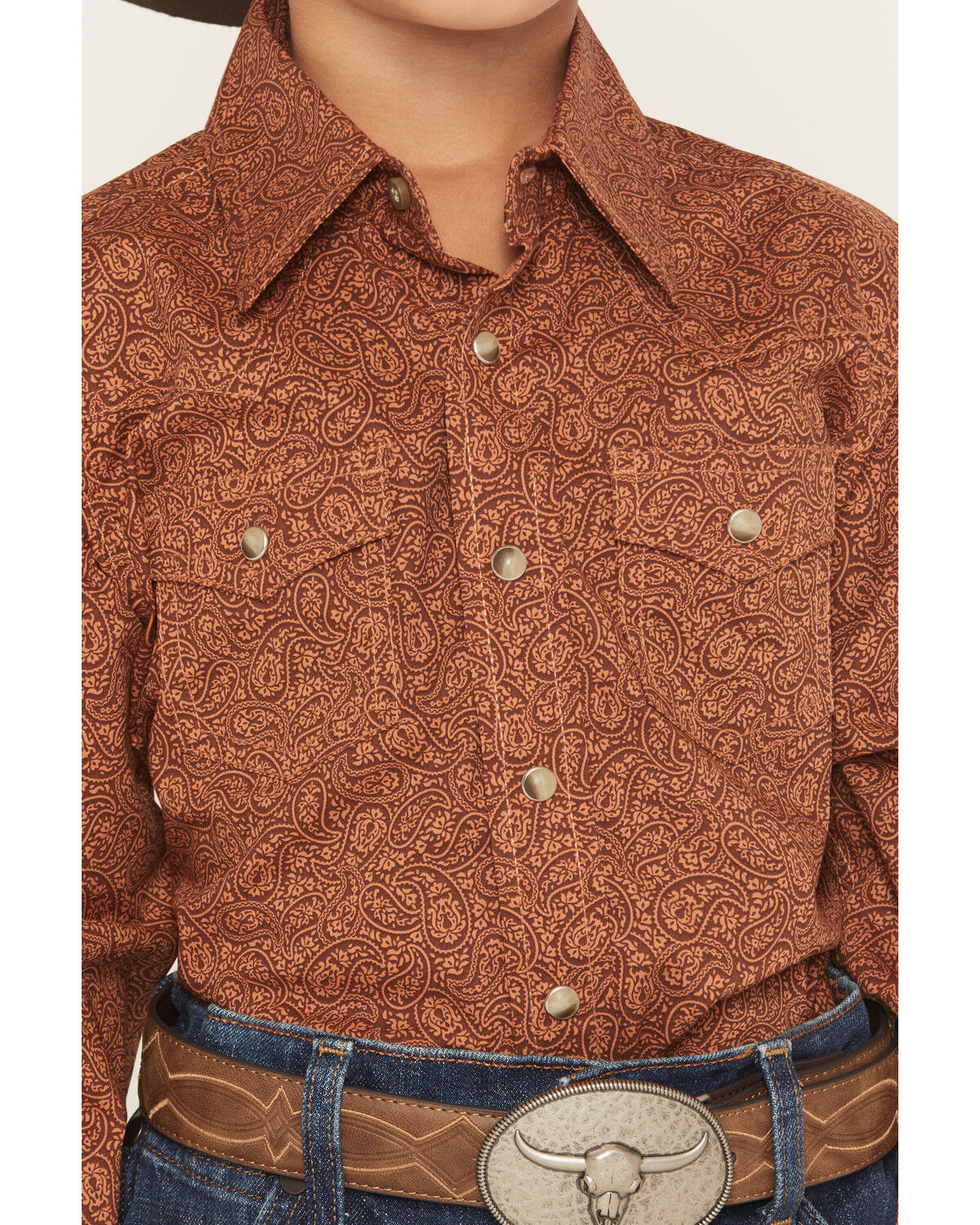 Image #3 - Wrangler 20X Boys' Paisley Print Long Sleeve Snap Stretch Western Shirt, Brown, hi-res