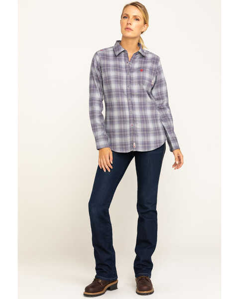 Ariat Women's FR Abigail Plaid Print Long Sleeve Work Shirt , Purple, hi-res