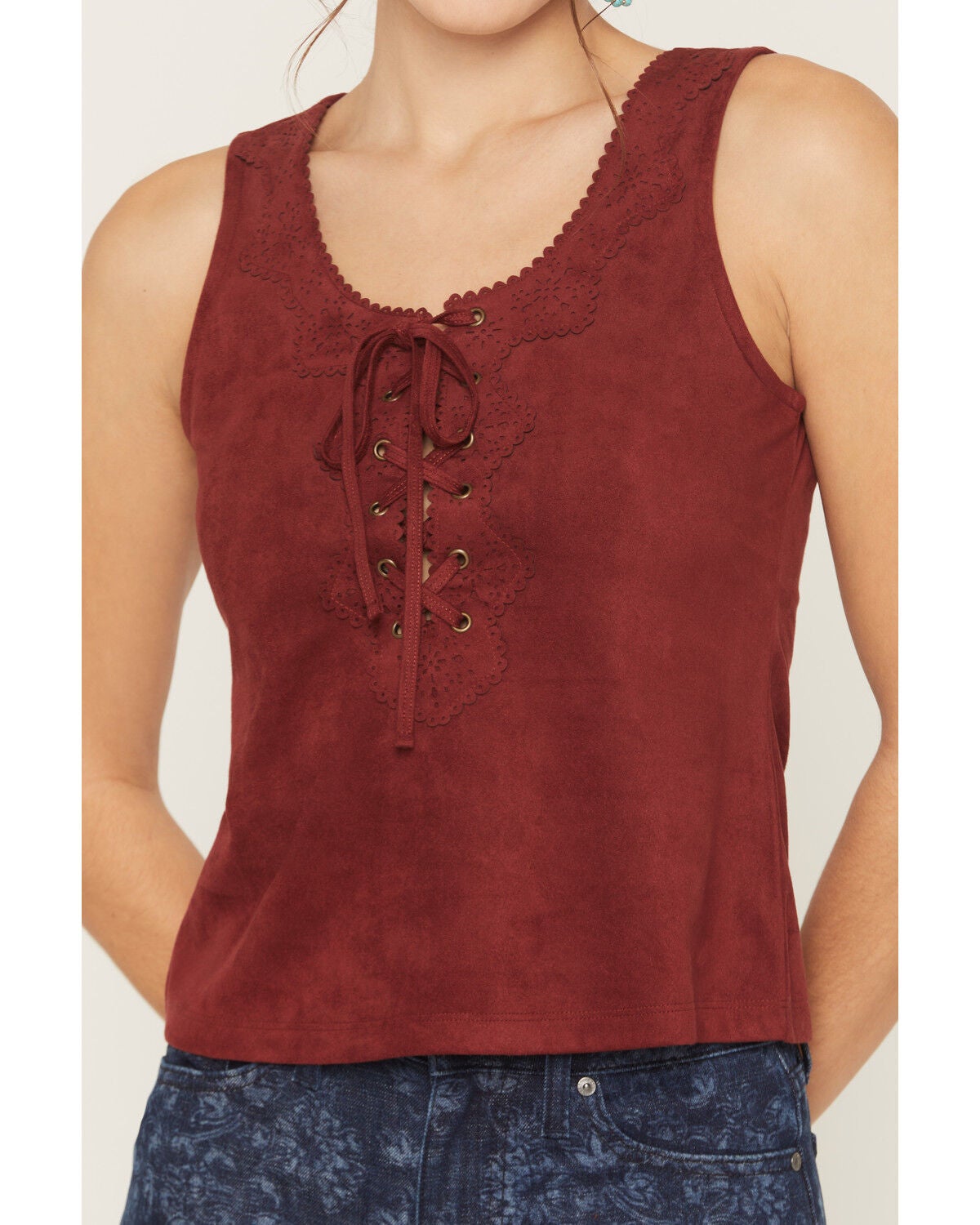 Image #5 - Shyanne Women's Cut Out Tie-Front Tank, Burgundy, hi-res