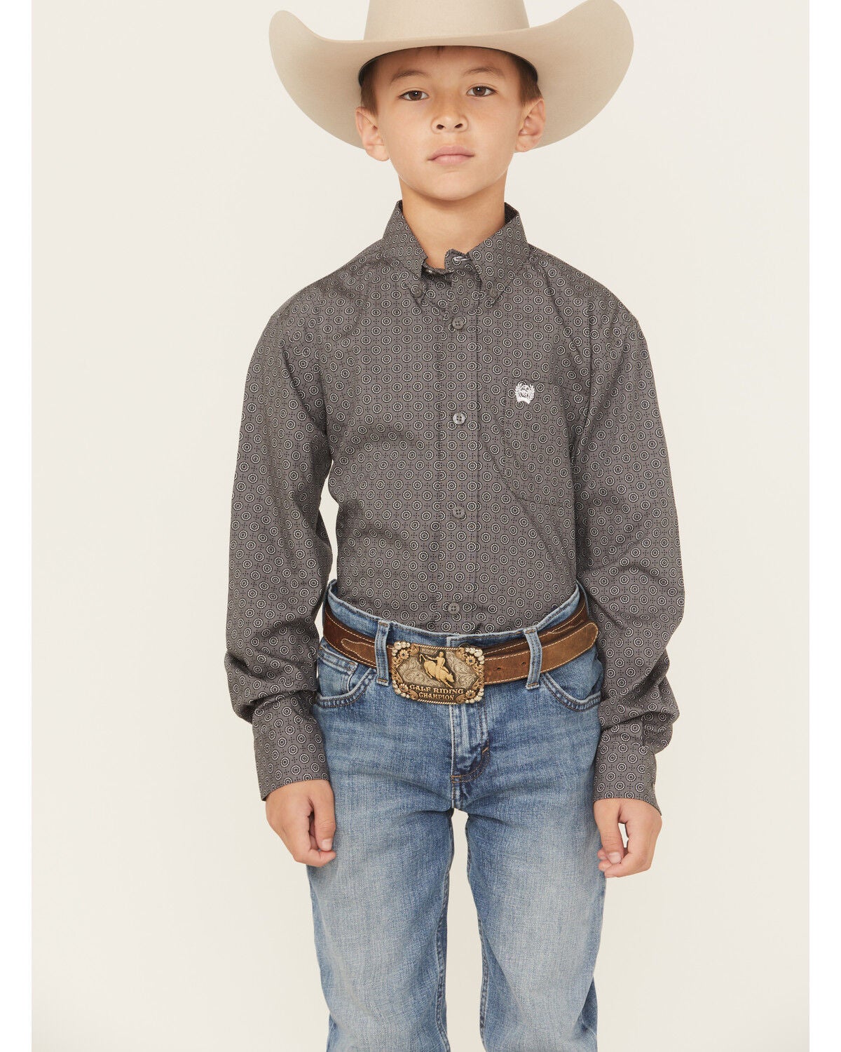 Image #1 - Cinch Boys' Geo Print Long Sleeve Button-Down Western Shirt, Grey, hi-res