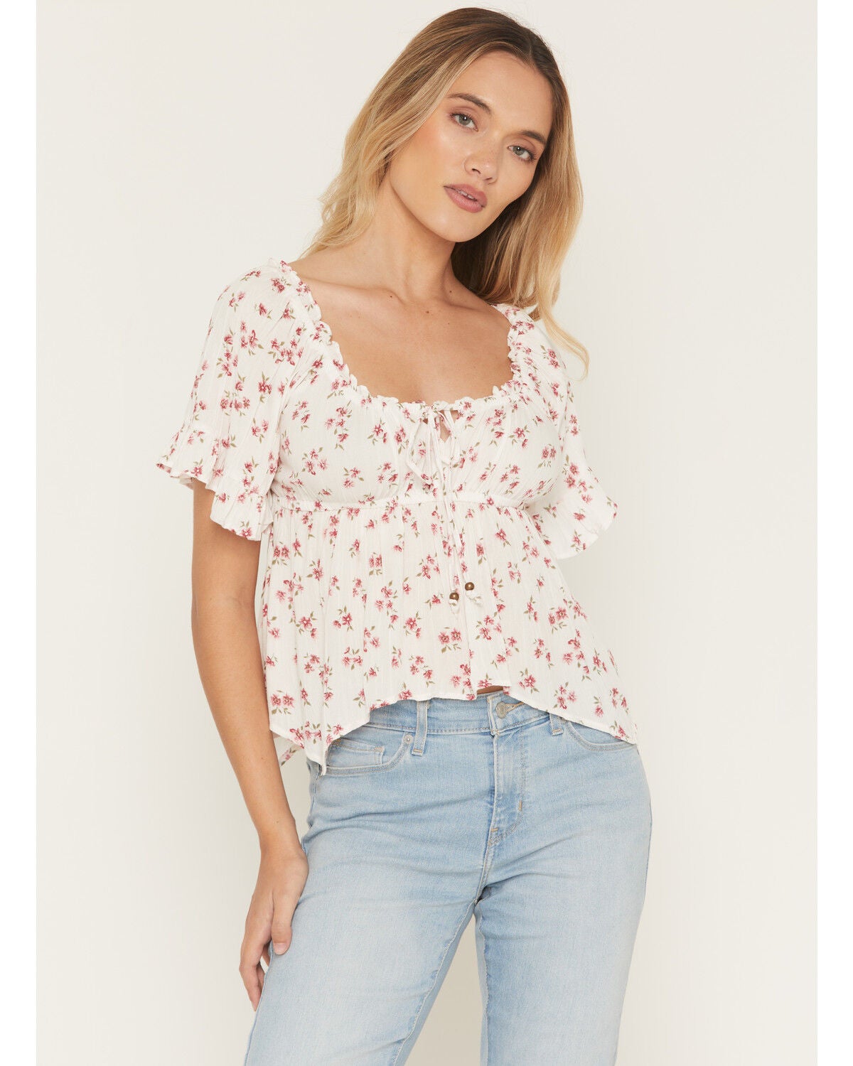 Angie Women's Floral Print Short Sleeve Hanky Hem Top, Ivory, hi-res