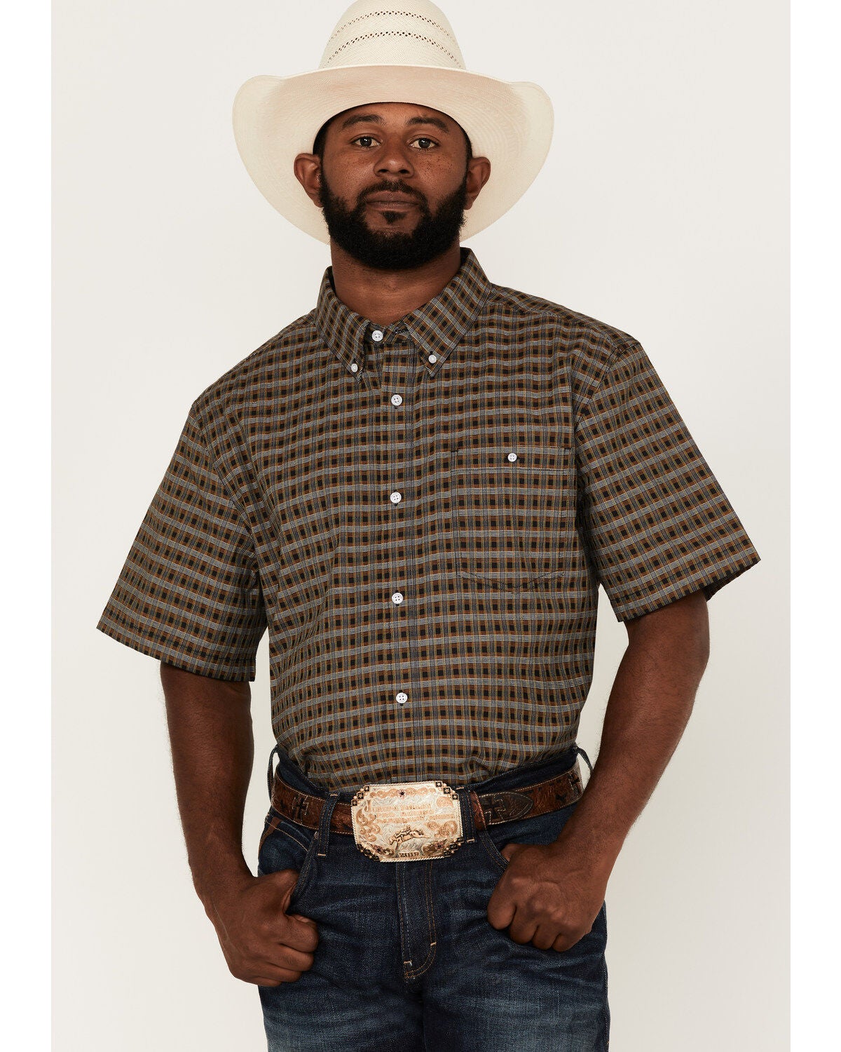 RANK 45&reg; Men's Steer Small Plaid Print Short Sleeve Button-Down Western Shirt, Black, hi-res