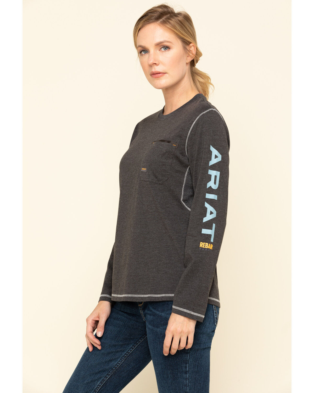 Image #3 - Ariat Women's Charcoal Heather Rebar Logo Long Sleeve Work Shirt, , hi-res