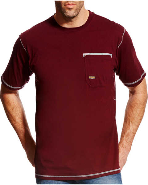 Image #1 - Ariat Men's Rebar Crew Short Sleeve Shirt, Wine, hi-res
