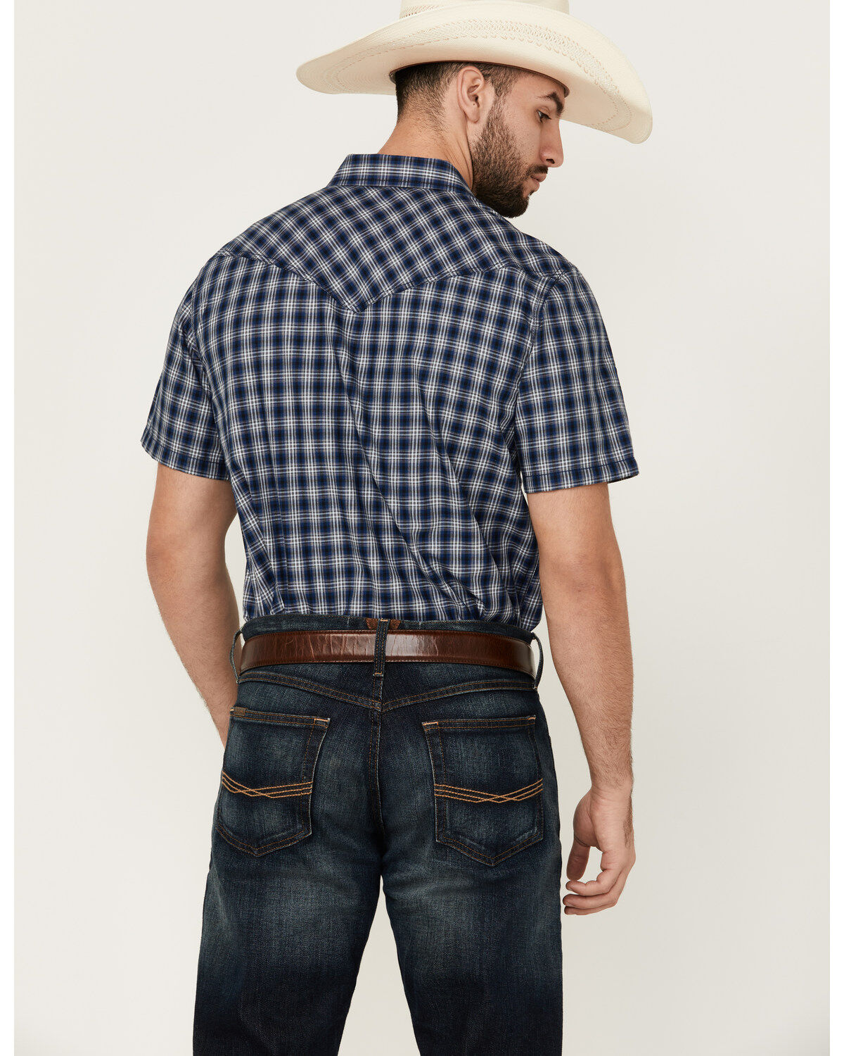 Image #4 - Cody James Men's Salud Plaid Print Short Sleeve Snap Western Shirt, Navy, hi-res