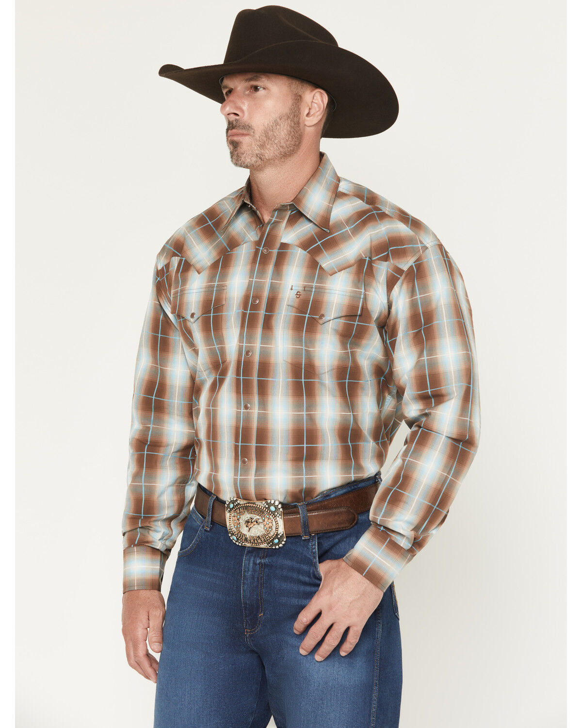 Image #1 - Stetson Men's Plaid Print Long Sleeve Snap Western Shirt, Brown, hi-res