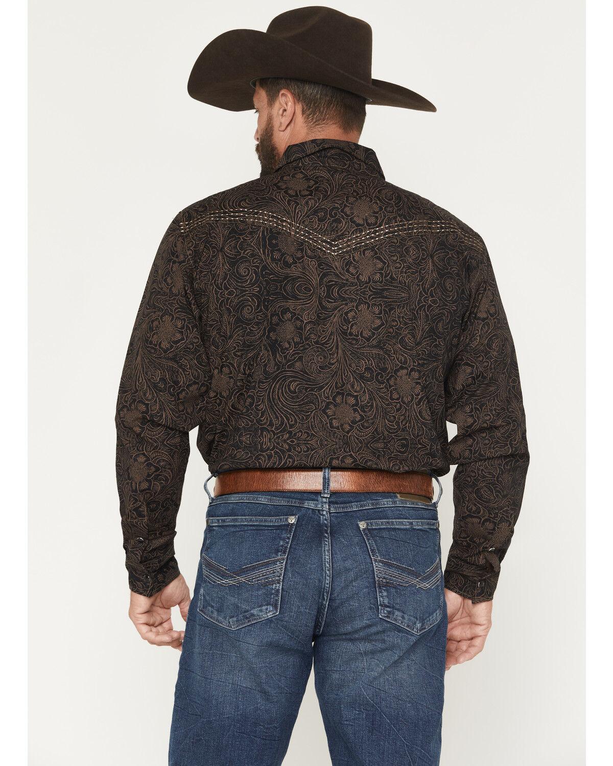 Image #4 - Cowboy Hardware Men's Tooled Floral Print Long Sleeve Snap Stretch Western Shirt, Dark Brown, hi-res