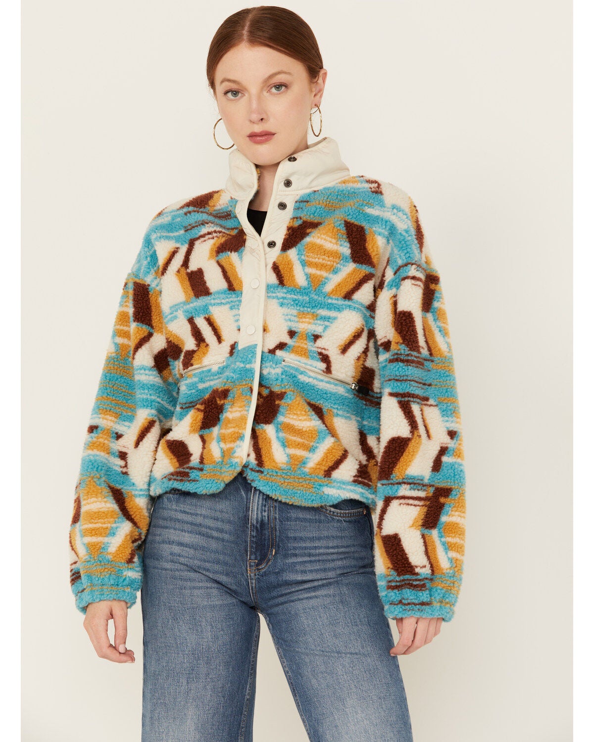Panhandle Women's Abstract Print Sherpa Sweater Jacket, Multi, hi-res