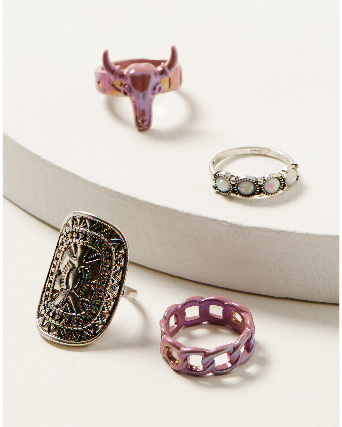 Image #1 - Shyanne Women's Metallic Steer Head & Chain Mixed Ring Set - 4-Piece, Pink, hi-res