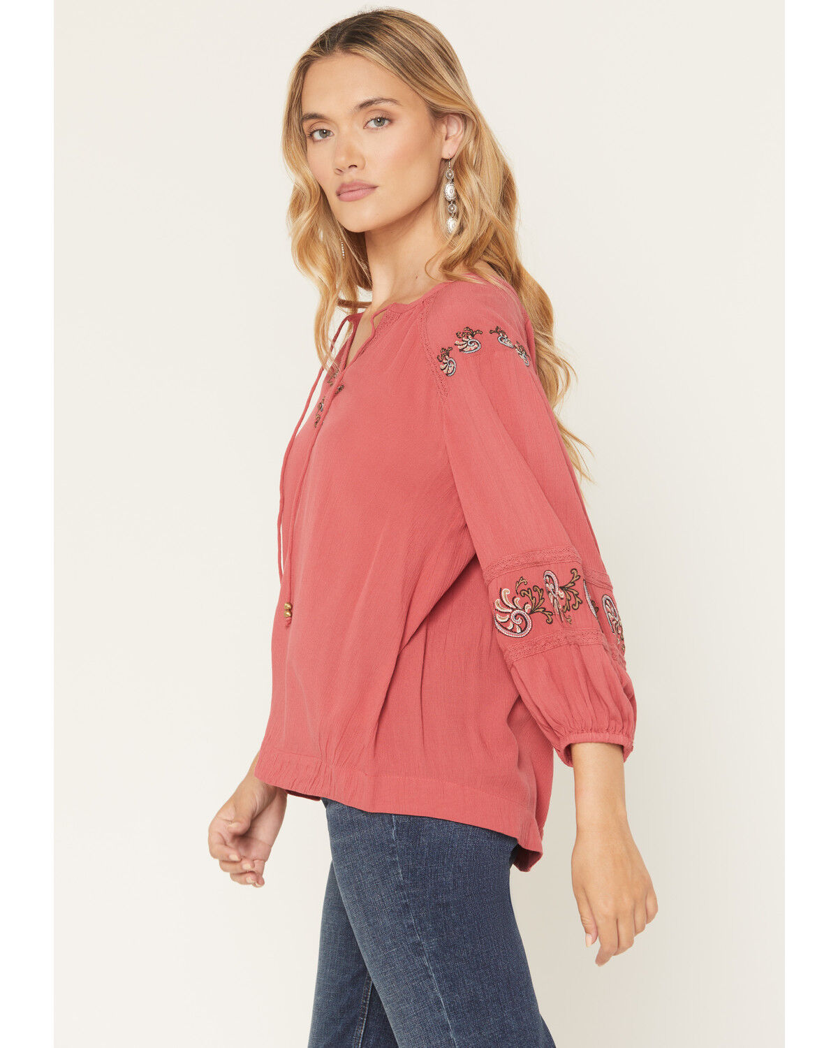 Image #2 - Shyanne Women's Barberry 3/4 Sleeve Embroidered Peasant Top, Dark Pink, hi-res
