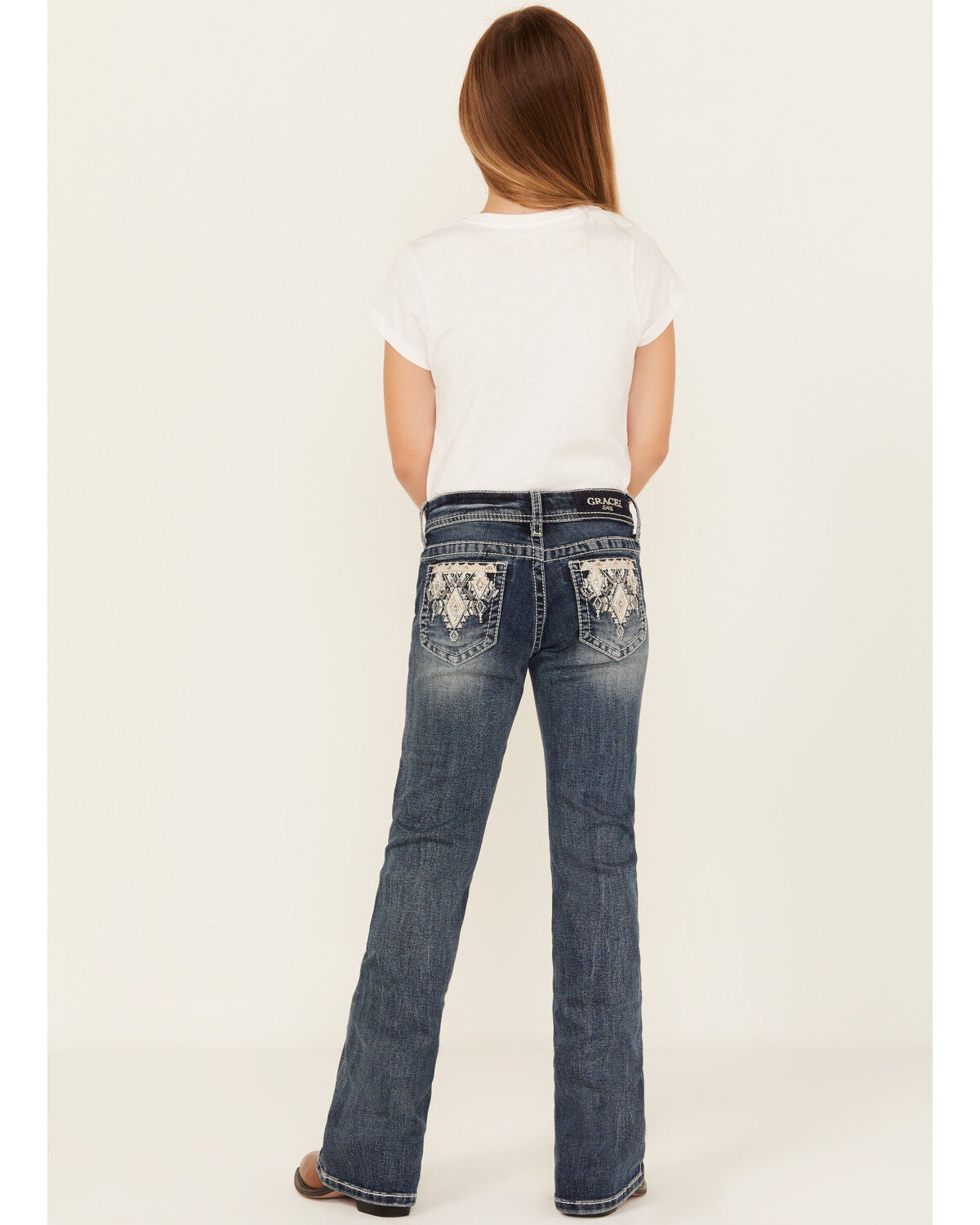 Grace In LA Girls' Chevron Embroidered Medium Wash Bootcut Stretch Denim Jeans, Blue, hi-res