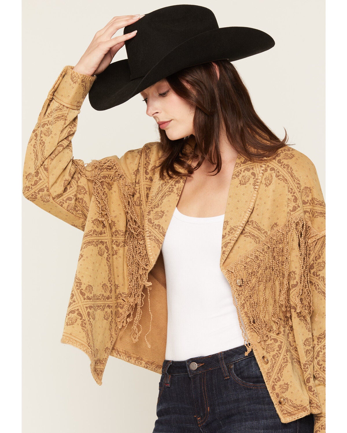 Image #2 - Miss Me Women's Fringe Button Front Short Cardigan, Camel, hi-res