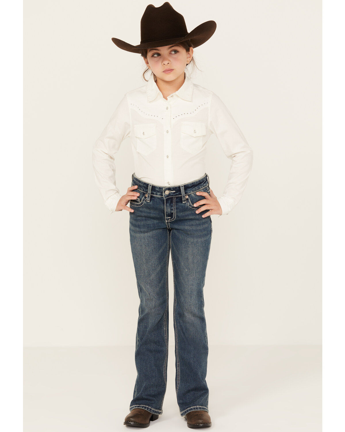 Image #1 - Rock & Roll Denim Girls' Medium Wash Cow Pocket Stretch Bootcut Jeans, Medium Wash, hi-res