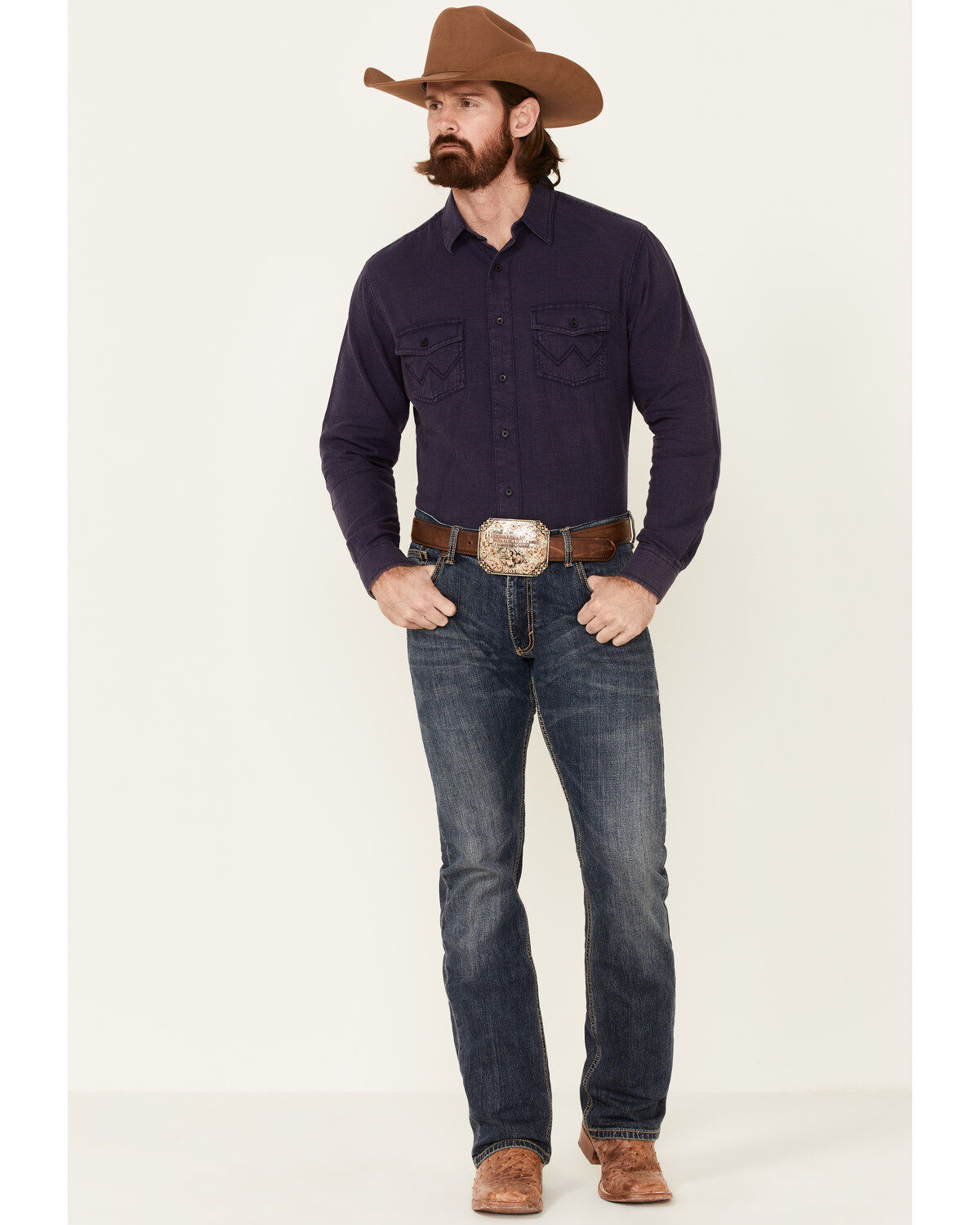 Image #2 - Wrangler Retro Premium Men's Solid Long Sleeve Button-Down Western Shirt, Blue, hi-res