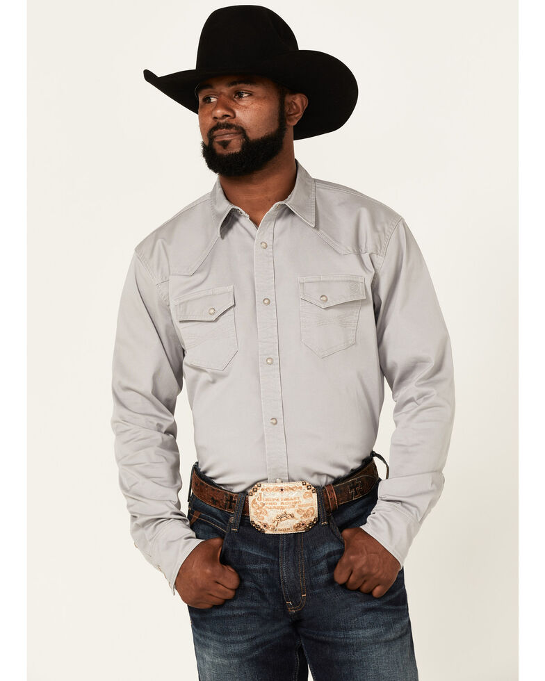 Blue Ranchwear Men's Solid Light Grey Twill Long Sleeve Snap Western Workshirt , Light Grey, hi-res