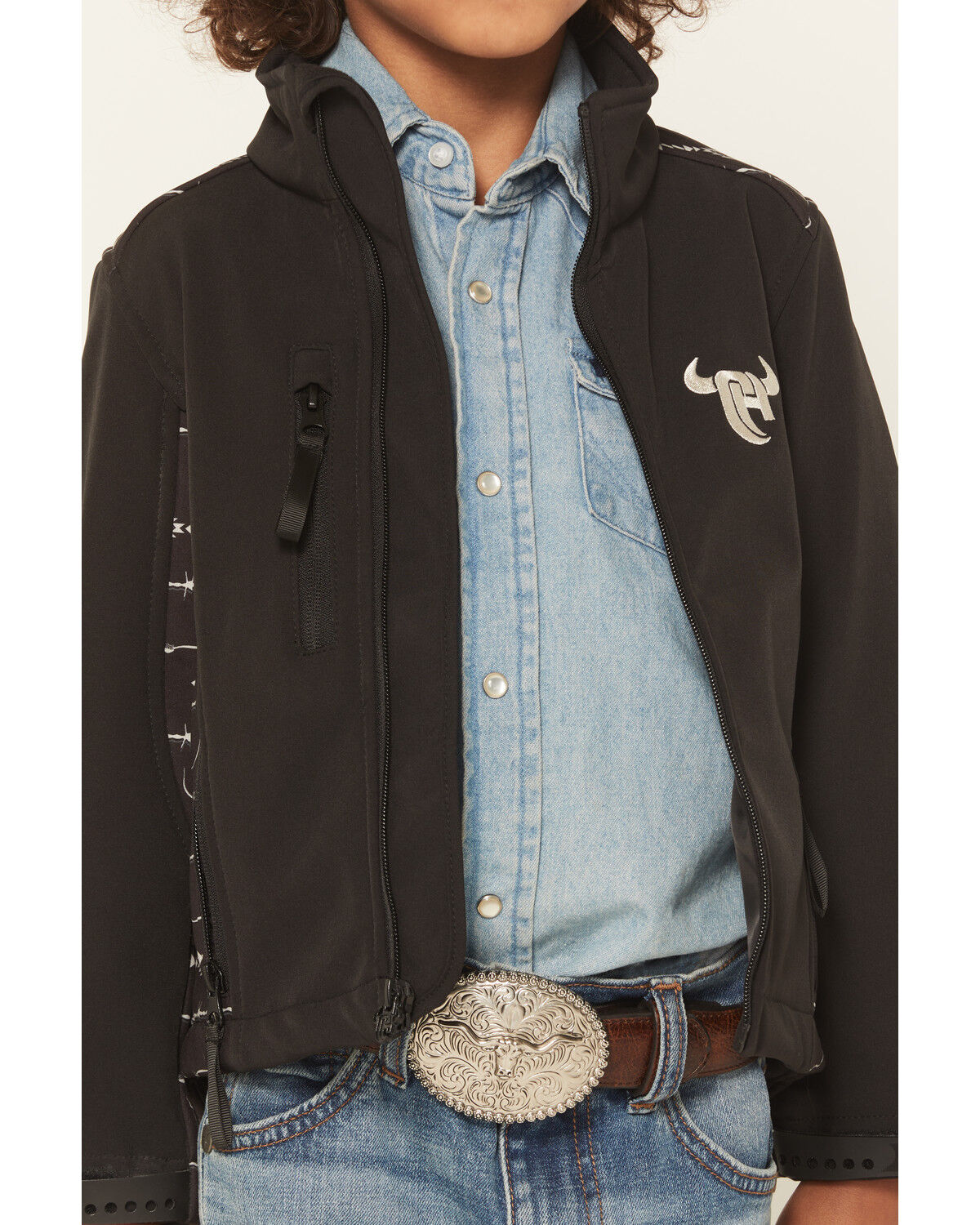 Image #3 - Cowboy Hardware Boys' Ghost Southwestern Print Softshell Jacket, Black, hi-res