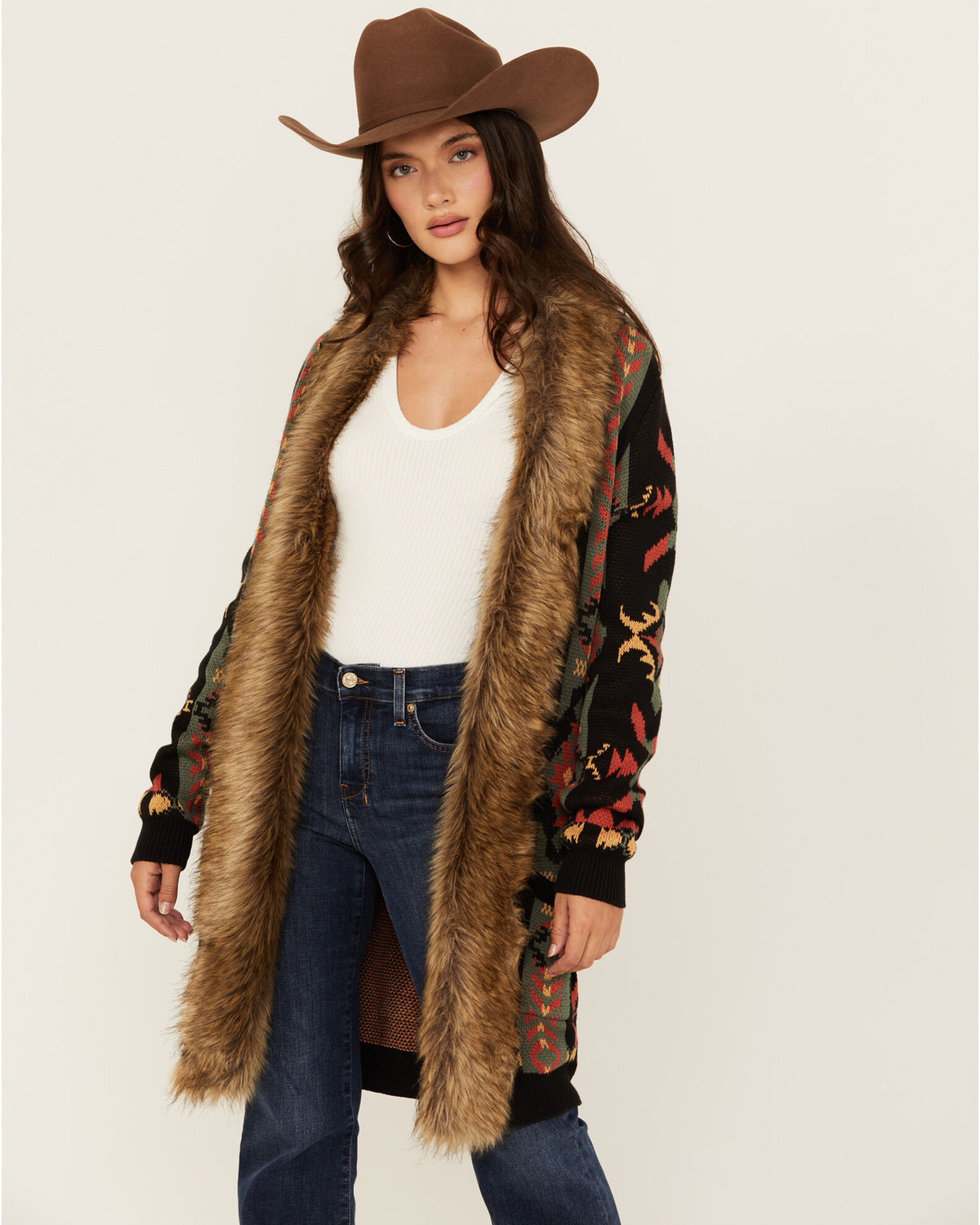 Fur trim cardigan deals