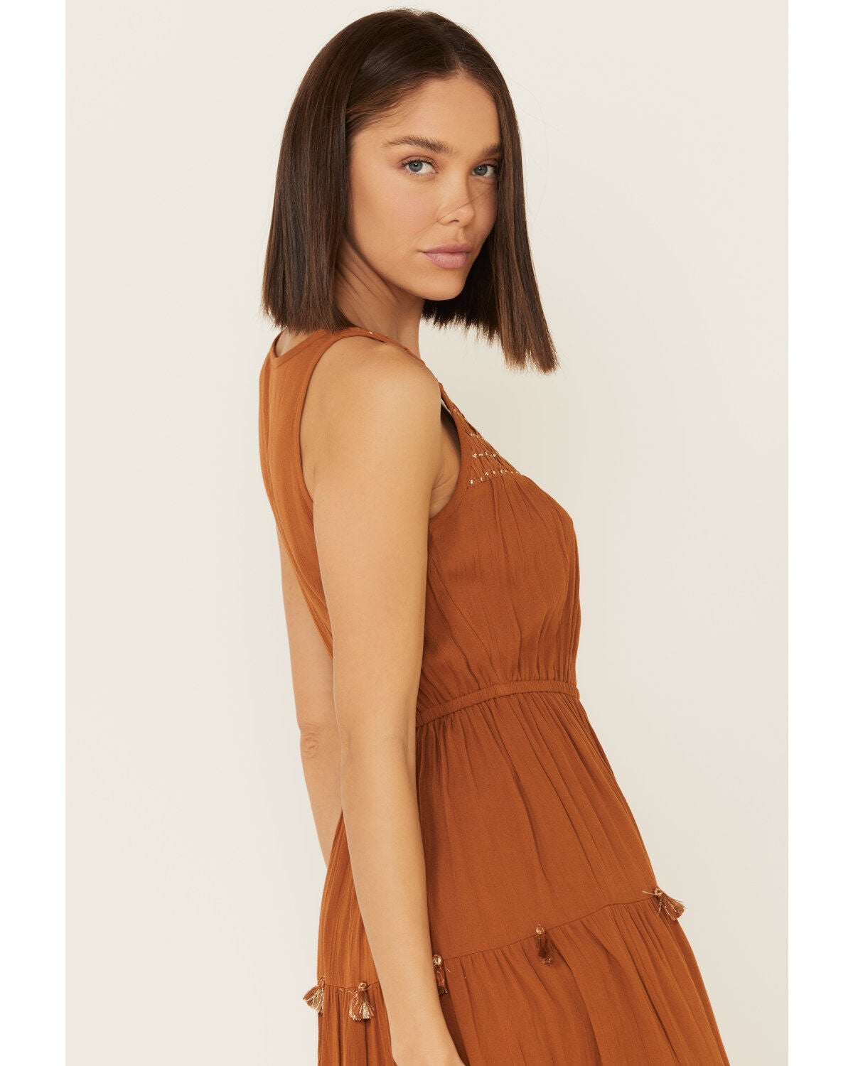 knee length dresses for ladies Standards & Practices Women's Off The Shoulder Brown Smocked Midi Dress