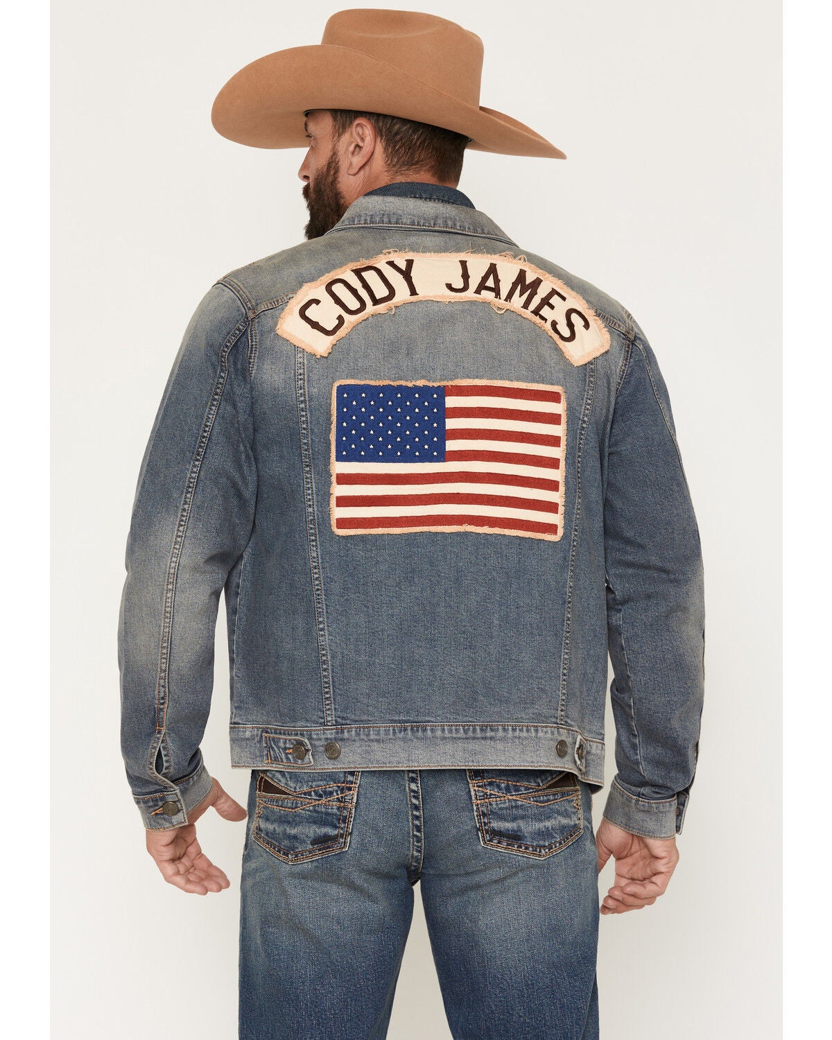 Cody James Men's Medium Wash Americana Patch Button-Down Stretch Denim Jacket, Medium Wash, hi-res