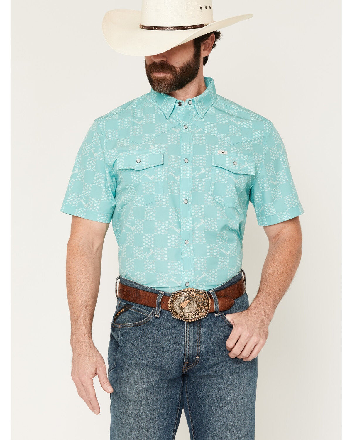 Image #1 - Ferrell Men's Flynn Checkered Logo Print Short Sleeve Snap Stretch Western Shirt, Mint, hi-res