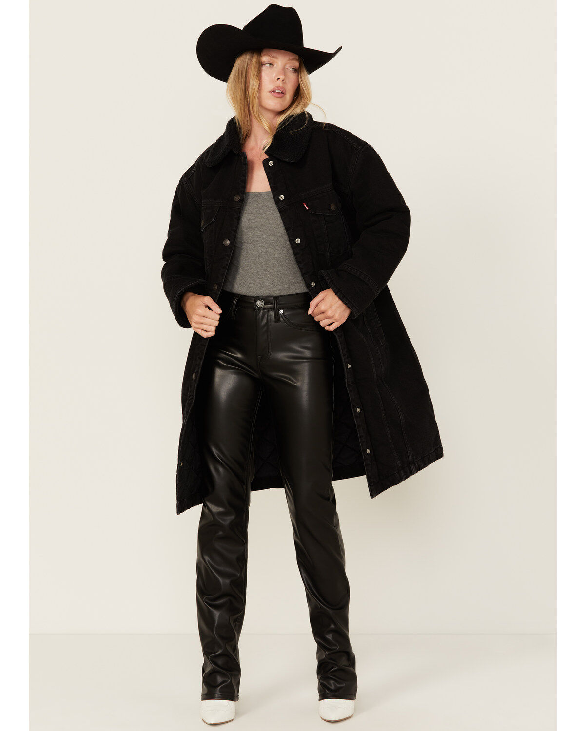 Image #1 - Levi's Women's Longline Padded Trucker Jacket, Black, hi-res