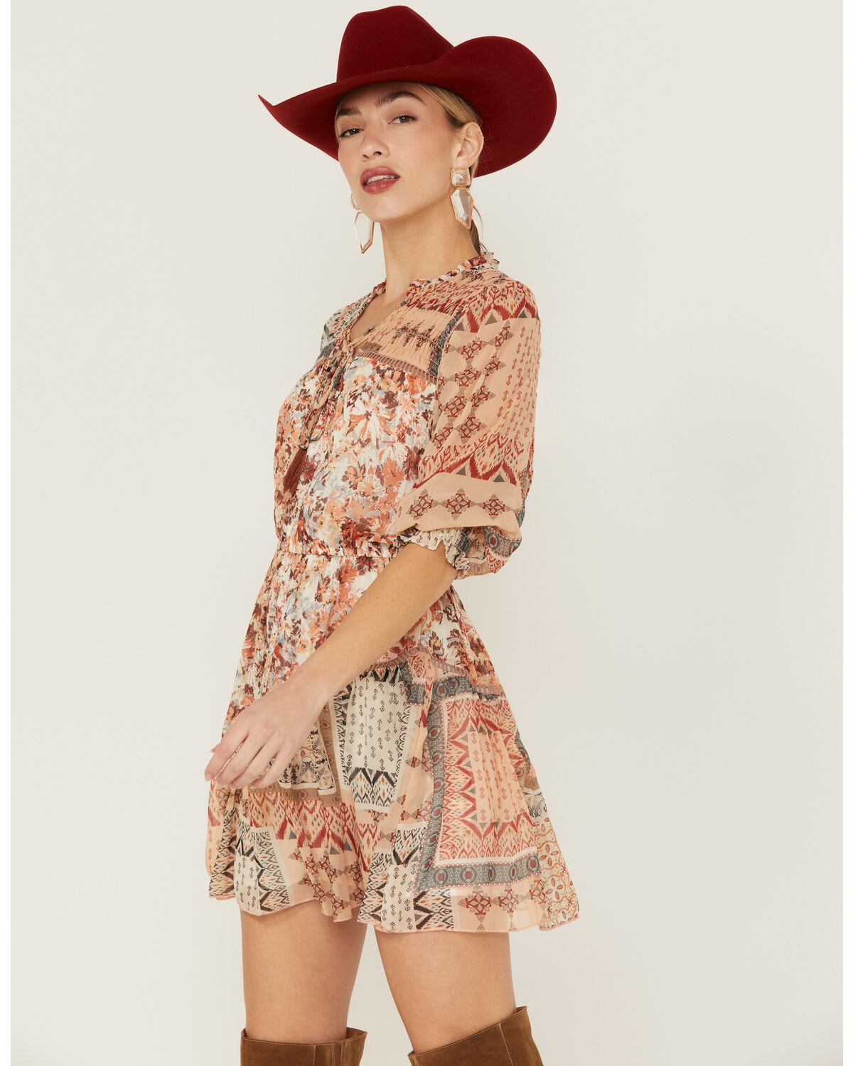 Image #4 - Miss Me Women's Patchwork Long Sleeve Mini Dress, Mauve, hi-res